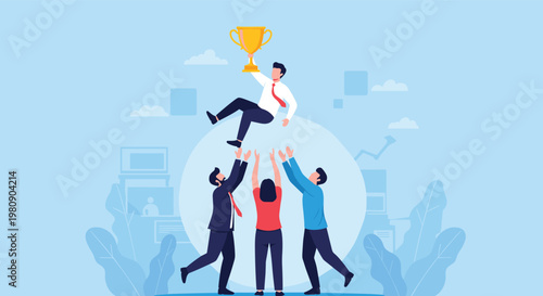 Team of business professionals celebrating a major victory by lifting their colleague holding a gold winner trophy high.