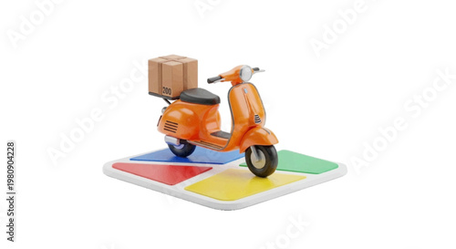 Vector illustration of orange delivery scooter with a cardboard box on a colorful platform on a transparent background