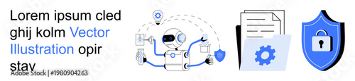 AI technology, automation, cybersecurity, data protection, workflow optimization, digital security. Robot managing tasks with a gear, document and shield icon. AI automation and cybersecurity