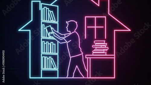 Luminous neon artwork of an individual placing a book on a shelf within an illuminated house