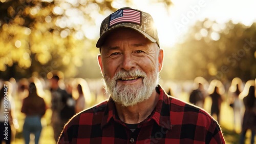 Smiling man with gray beard wearing hat with american flag outdoors