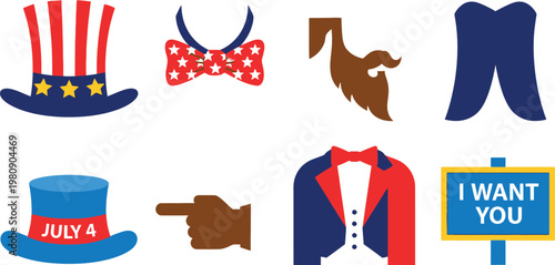 Patriotic american holiday symbols like uncle sam hat bow tie beard pants jacket and sign july.