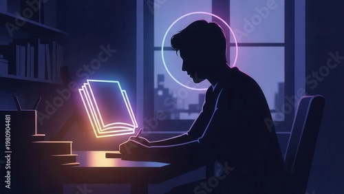 Vibrant neon study scene with a glowing intellectual aura and focused learning environment