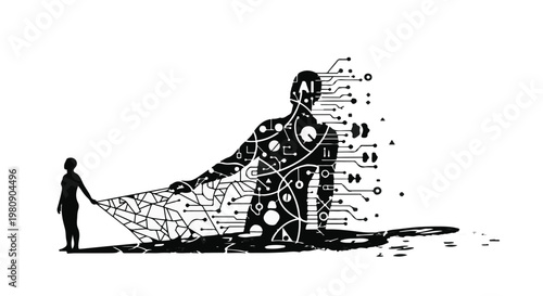 man pulled by robotic strings technology concept