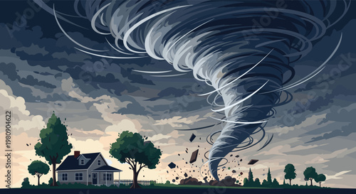 Dramatic illustration of a powerful tornado storm approaching a small suburban house, with debris flying and dark clouds in the sky.