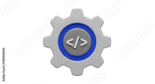 Vector illustration of 3d gear icon with coding symbol on a transparent background