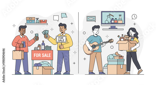 Illustration of people participating in a garage sale or marketplace, buying and selling second-hand items like boxes, clothes, and guitars.
