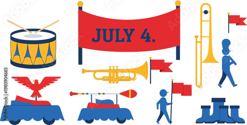 Fourth of july parade celebration flat vector collection featuring marching band instruments and festive floats.