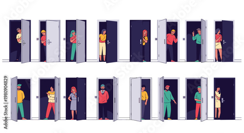 Long row of people standing in open doorways, featuring men and women in different clothes and poses against a dark interior background.