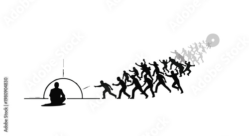 people running in a line from a meditating person