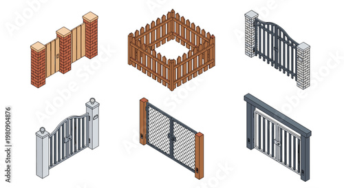 Various styles of gates and fences including wooden pickets, metal bars, brick pillars, and chain link designs for property security.