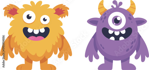 Cute monster characters set, funny cartoon creatures vector illustration for kids design, halloween, game, sticker, mascot use