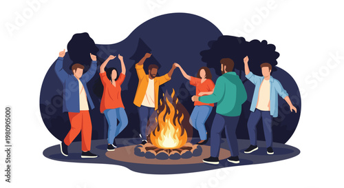 Group of happy young people dancing and enjoying themselves around a bright campfire in a dark forest at night.