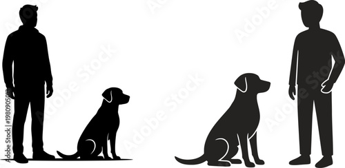 Black silhouettes of two men standing beside their loyal dogs on a plain white background area.