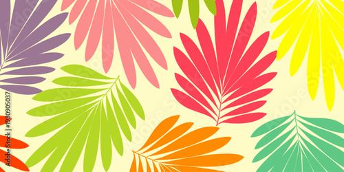 Leaves background with summer fun design concept, abstract illustration with exotic jungle leaves, colorful design, summer background, tropical leaves.Tropical leaf background, palm leaves.