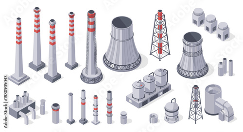Set of industrial facility components including various chimneys, cooling towers, storage tanks, and pipes for factory models.