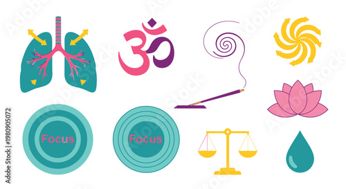 Breathing and focus meditation symbols with lungs om sign lotus flower balance scales and incense stick artwork.