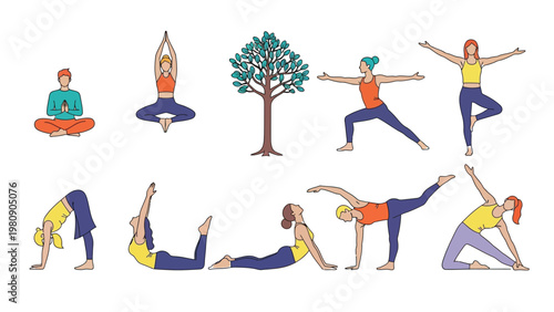 Yoga poses and exercises with colorful people and tree for fitness healthy lifestyle.