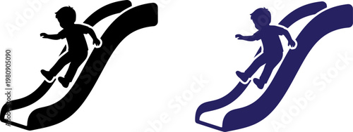Two identical silhouettes of a child sliding down a playground slide on a white background image