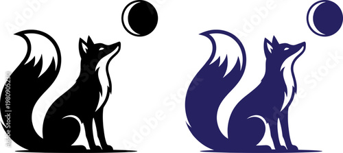 Minimalist vector illustration of a fox gazing at a crescent moon in black and dark blue tones