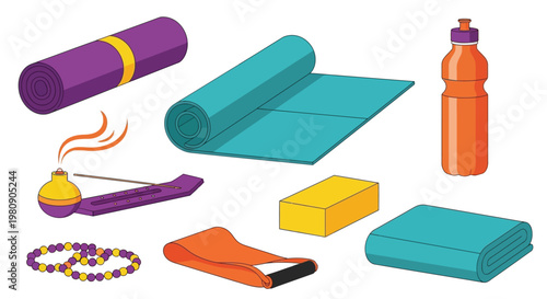 Collection of yoga accessories like mats water bottles incense and towels for wellness.