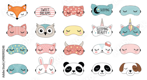 Assortment of cute and colorful sleep masks designed as animals like foxes, owls, pandas, rabbits, and unicorns with sweet dreams text.