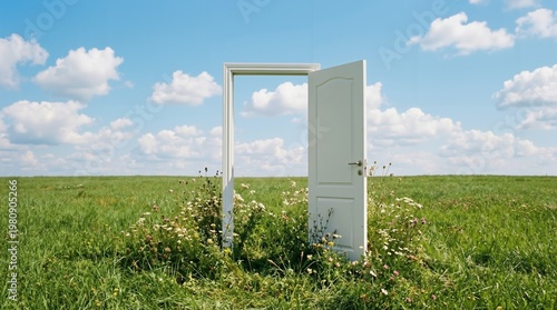 Surreal Open White Doorway in a Spring Meadow Filled with Wildflowers
