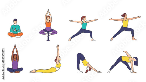 Yoga poses collection for mindfulness and health meditation practice flat design vector illustration.
