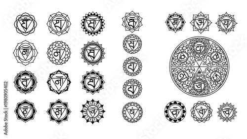 Collection of intricate chakra symbols with Sanskrit script in decorative mandala designs.