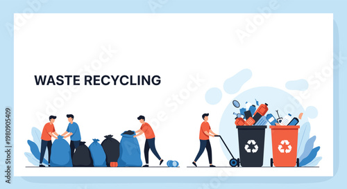 Environmental infographic concept showing people sorting trash bags and plastic bottles into specialized waste recycling bins.