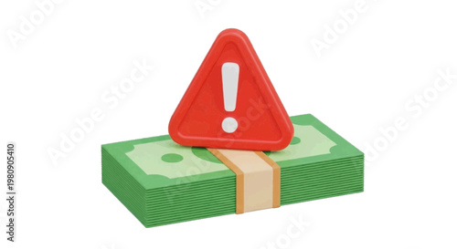 Vector illustration of 3d render of a red warning sign placed on a stack of us dollar bills on a transparent background