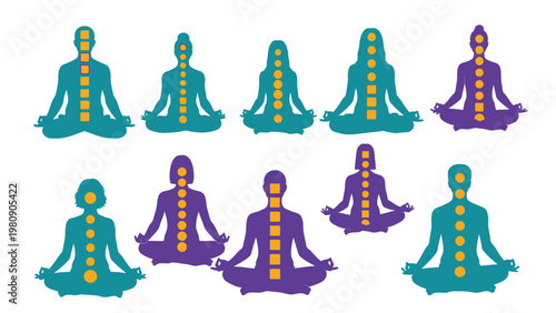 Meditating human figures showing chakra energy centers for spiritual balance and holistic wellbeing journey.