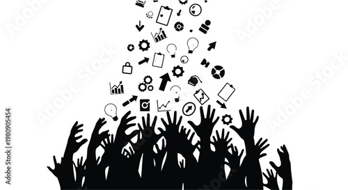 Hands raised with social media icons floating up