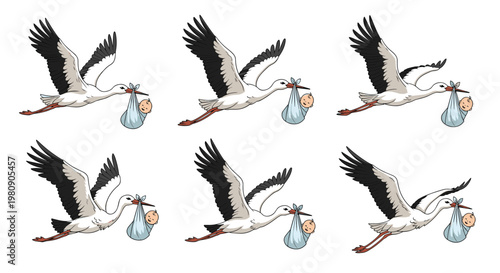 Six illustrations of a white stork flying through the sky and carrying a newborn baby in a blue bundle in its beak.