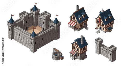 Set of isometric medieval architecture featuring a large stone castle, half-timbered houses, a stone wall, and a water well.