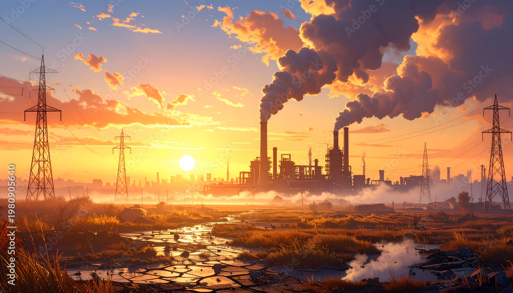 Fototapeta premium A sprawling industrial complex emits plumes of smoke against a vibrant sunset, highlighting the tension between progress and environmental impact.
