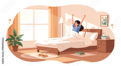 Peaceful morning scene of a young woman waking up and stretching in bed in a bright bedroom filled with sunlight from the window.