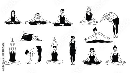 Collection of women in various yoga and meditation poses, showcasing flexibility and relaxation techniques.