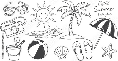 Hand Drawn Summer Vacation and Travel Essentials Doodle Icon Set with Editable Stroke