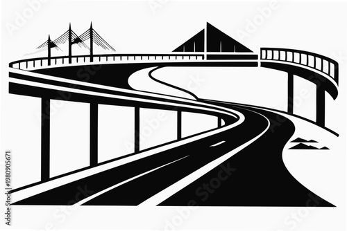 bridge over highway silhouette line art vector illustration