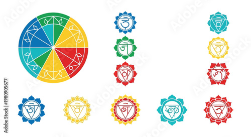 Set of colorful chakra symbols and a chakra wheel, representing energy centers and spiritual balance.