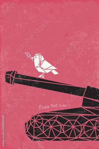 Abstract polygon peace dove carrying olive branch on military tank with pink vertical background fade condition with scratches and distress texture have blank space.