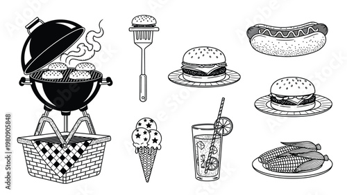 Barbecue grill picnic food and drinks icons in vintage style with burgers hot dogs corn.