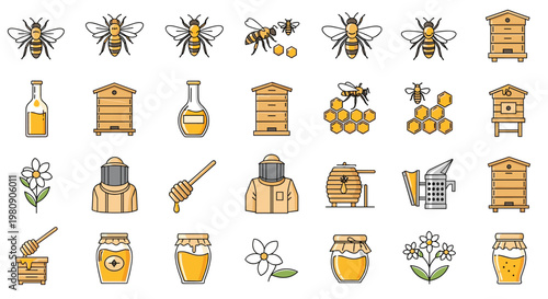 Comprehensive set of icons for beekeeping featuring bees, beehives, honey jars, flowers, protective suits, and harvest tools.