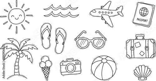 Hand Drawn Summer Vacation and Travel Essentials Doodle Icon Set with Editable Stroke