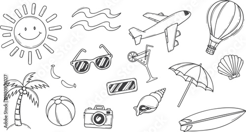 Hand Drawn Summer Vacation and Travel Essentials Doodle Icon Set with Editable Stroke