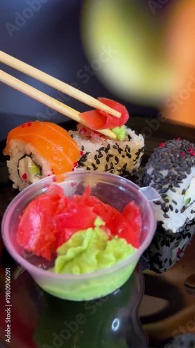 Philadelphia rolls, close-up sushi. Vertical video. Salmon sushi, assorted rice rolls. Ginger and chopsticks.