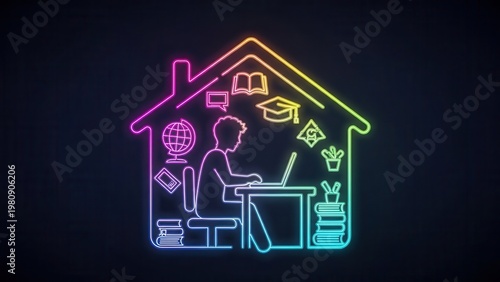 Vibrant neon line art depicting remote learning and working from home within a digital house icon
