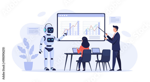 An intelligent AI robot and a human professional collaboratively analyze financial data and growth charts on a large screen, demonstrating technological synergy.