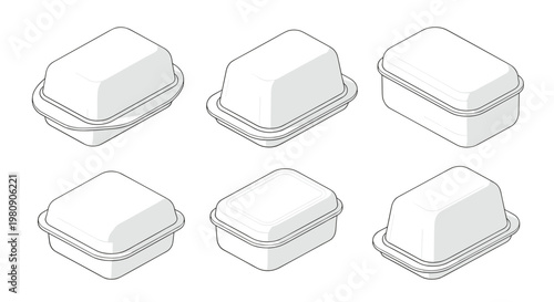 Set of isometric white foam food containers in different shapes and sizes, commonly used for takeout and food delivery services.